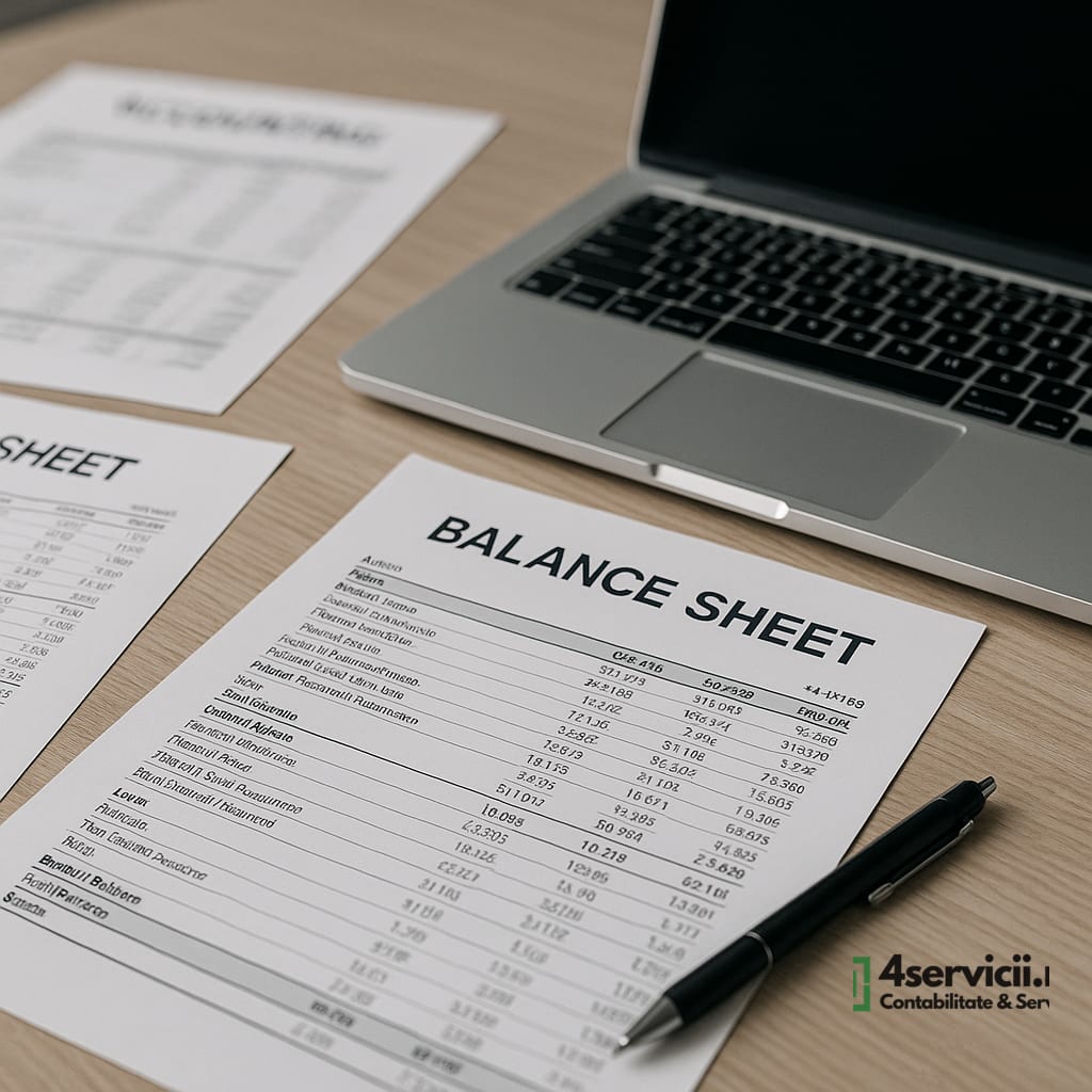 Birou cu documente contabile, balanțe tipărite, laptop și pix, fără persoane vizibile