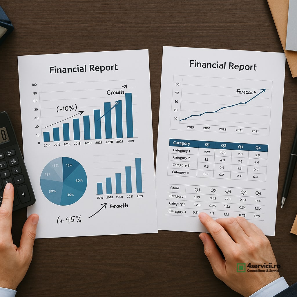 Birou cu rapoarte financiare analizate, calculator și dosare organizate, vedere de sus, atmosferă profesională