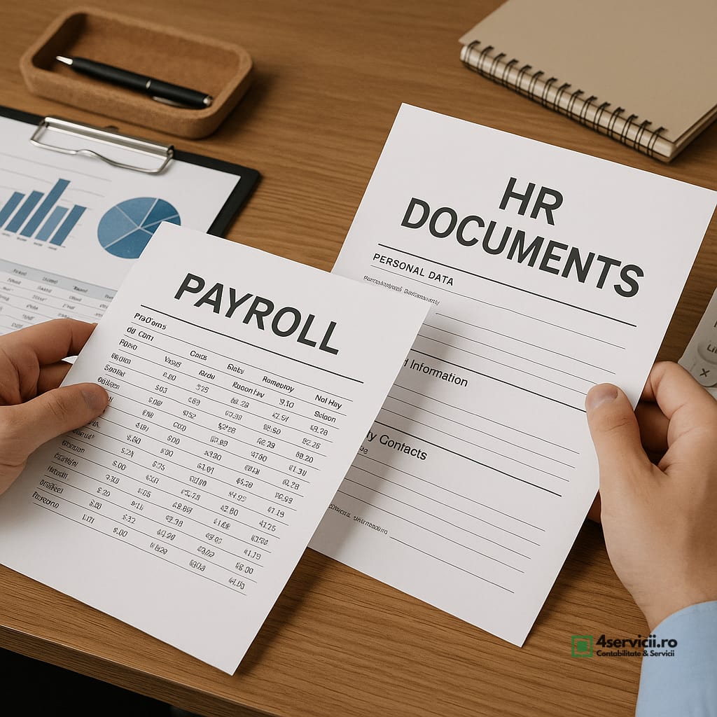 Mâini verificând documente de payroll și HR pe un birou de birou organizat, fără fețe vizibile