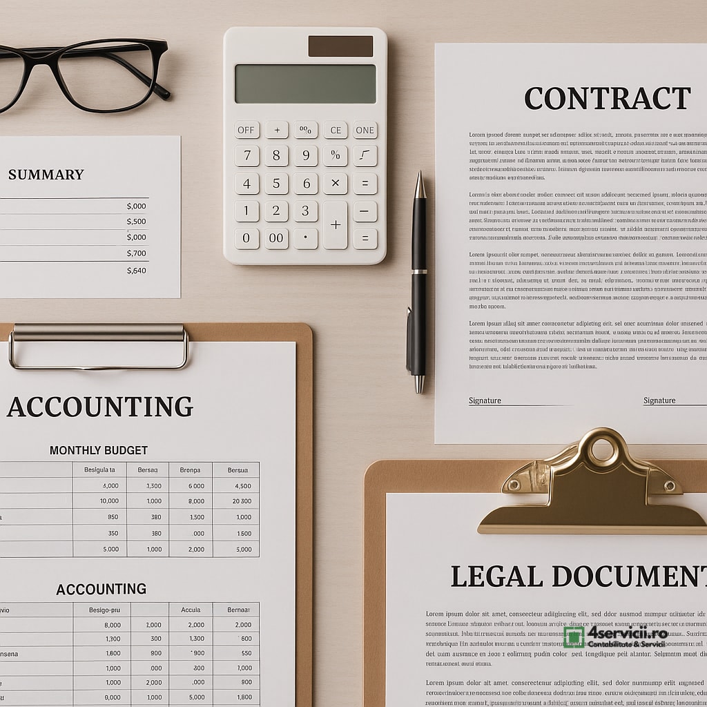 Documente financiar-contabile și contracte organizate pe birou, ilustrând ordinea pentru due diligence