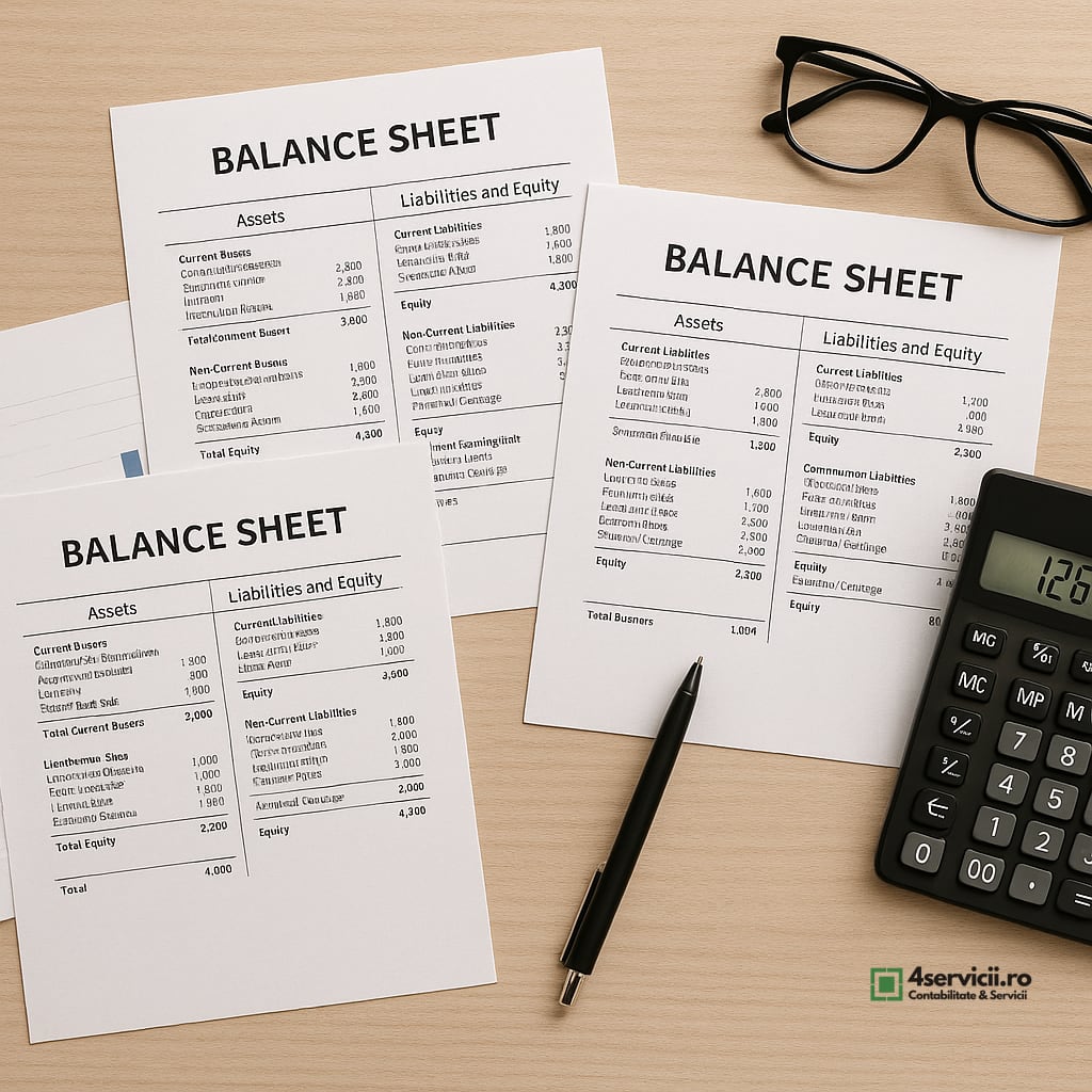 Birou cu documente financiare, balanțe de verificare și calculator, organizate pentru revizie contabilă