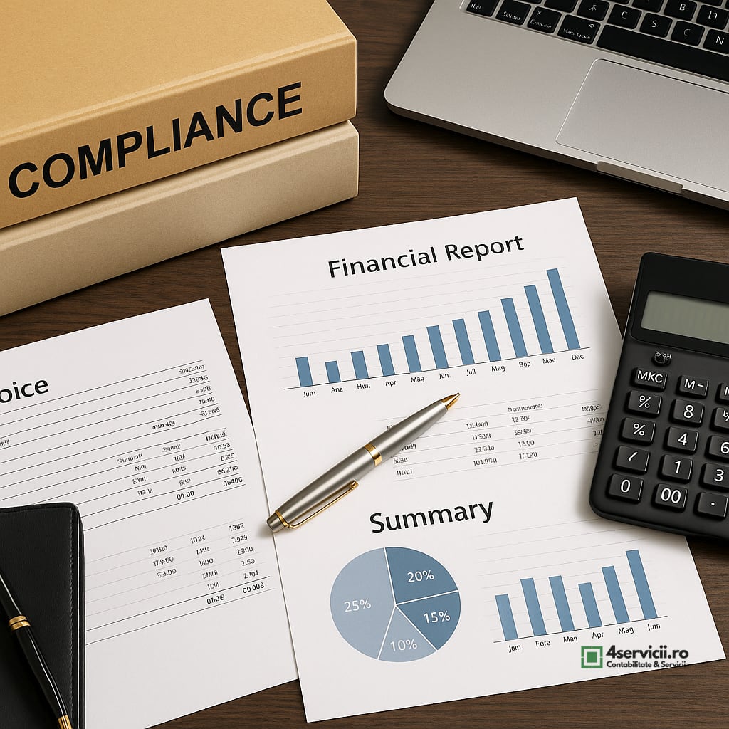 Birou cu dosare de conformitate, documente financiare și calculator, vedere de sus, atmosferă de audit fiscal