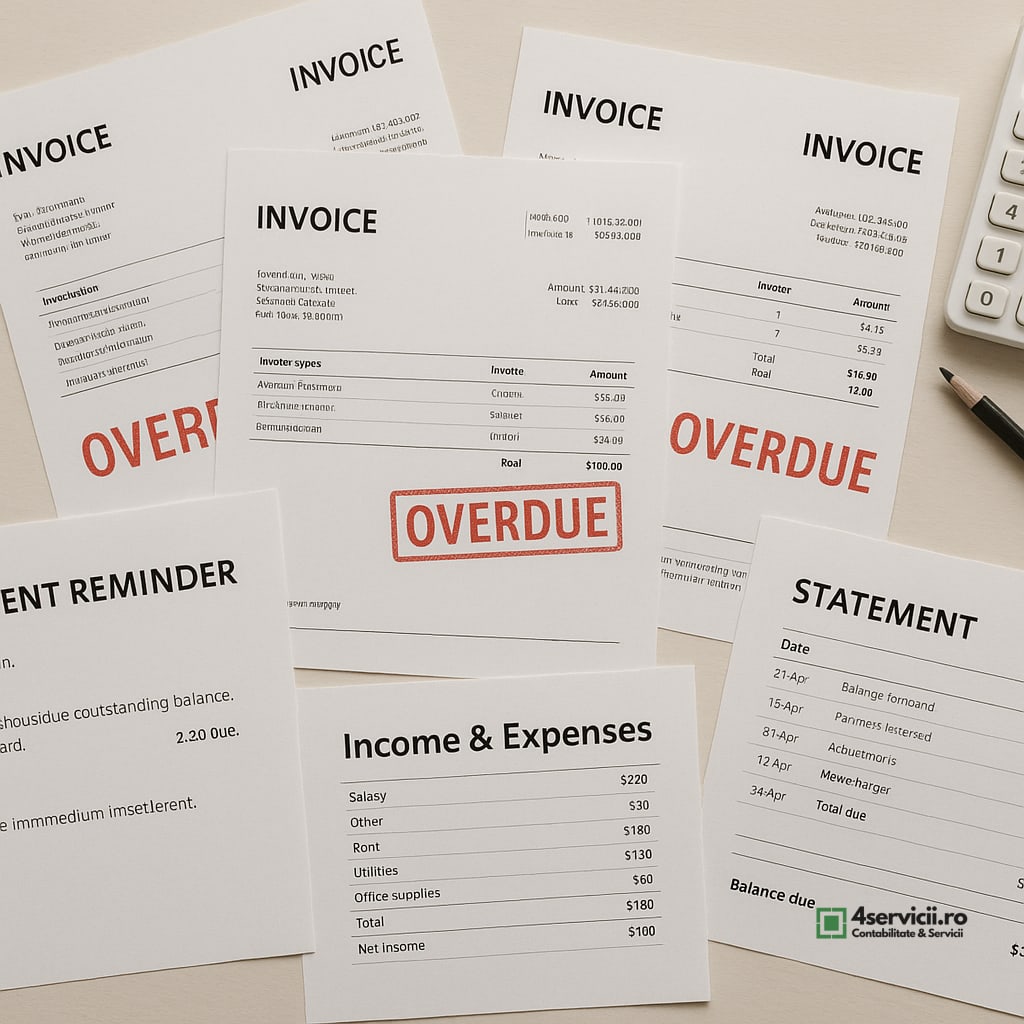 Facturi restante, notificări de plată și documente financiare aranjate pe birou