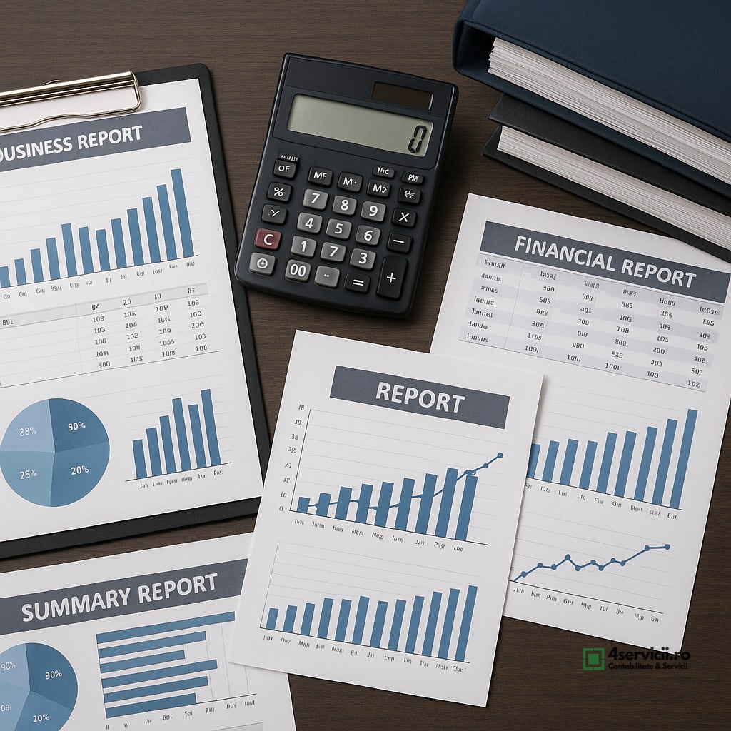Birou ordonat cu documente fiscale, rapoarte tipărite și calculator, pregătite pentru verificare documentară