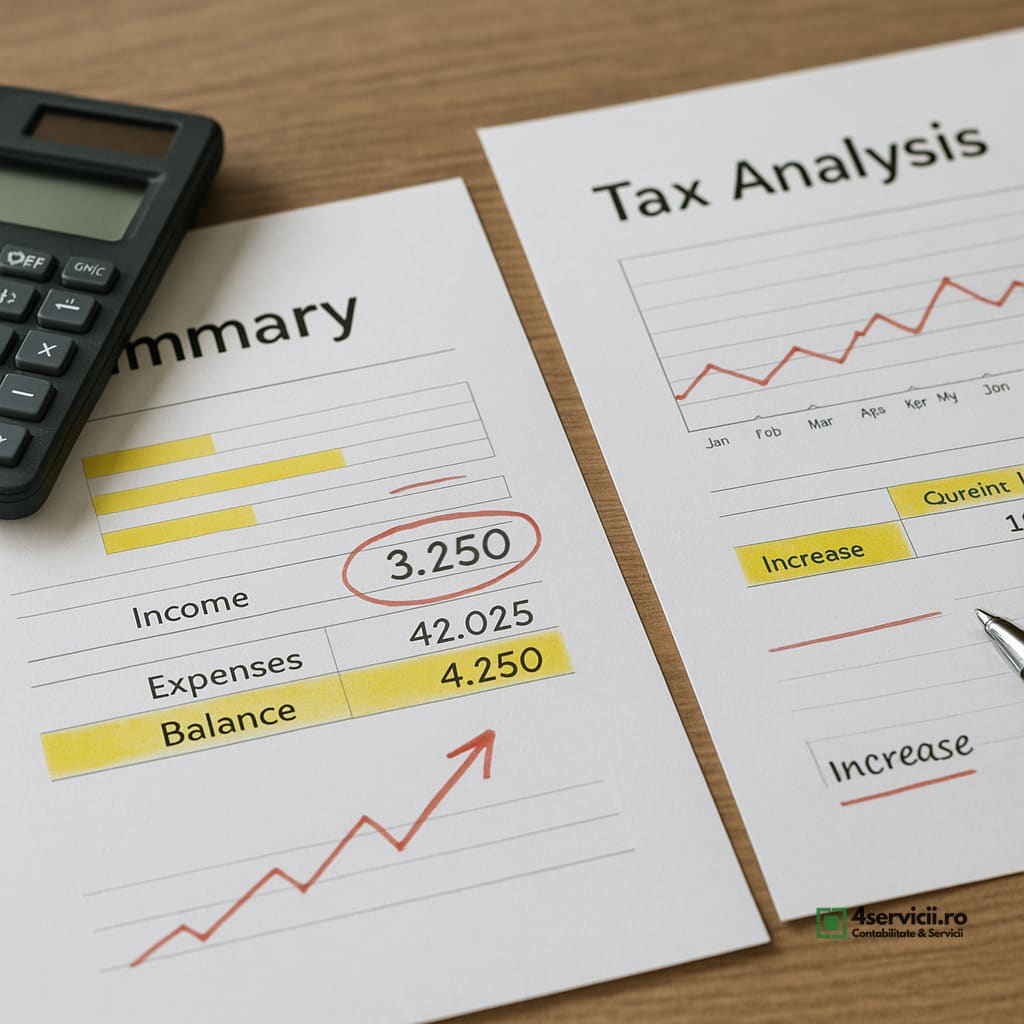 Documente fiscale analizate pe birou, cu notițe și calculator, atmosferă de analiză fiscală punctuală