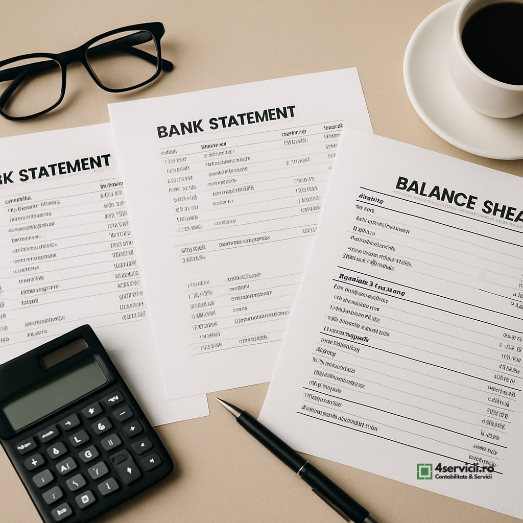 Documente financiare, extrase bancare și balanță de verificare aranjate pe birou