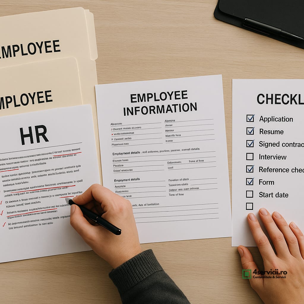 Birou cu dosare de personal, documente HR și checklist de verificare, vedere de sus