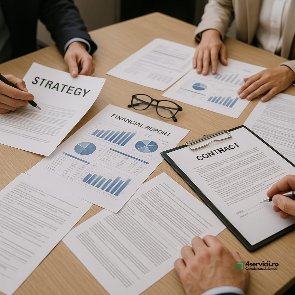 Masă de ședință cu documente strategice, contracte și rapoarte financiare analizate