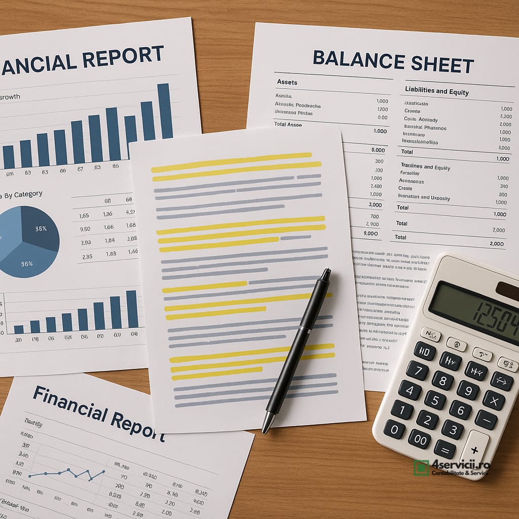 Birou cu rapoarte financiare, balanțe, calculator și documente evidențiate, vedere de sus