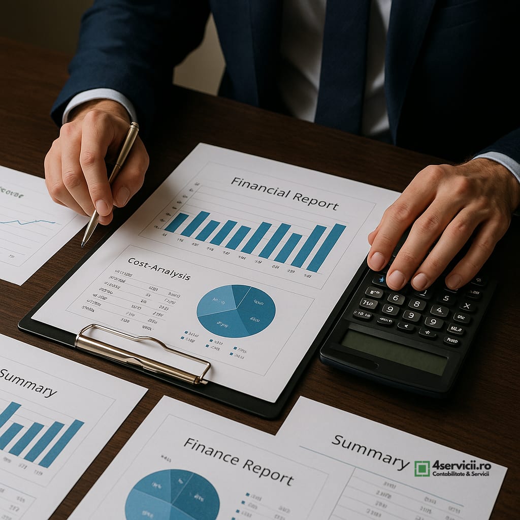 Birou cu rapoarte financiare, calculator și documente de analiză a costurilor, atmosferă profesională