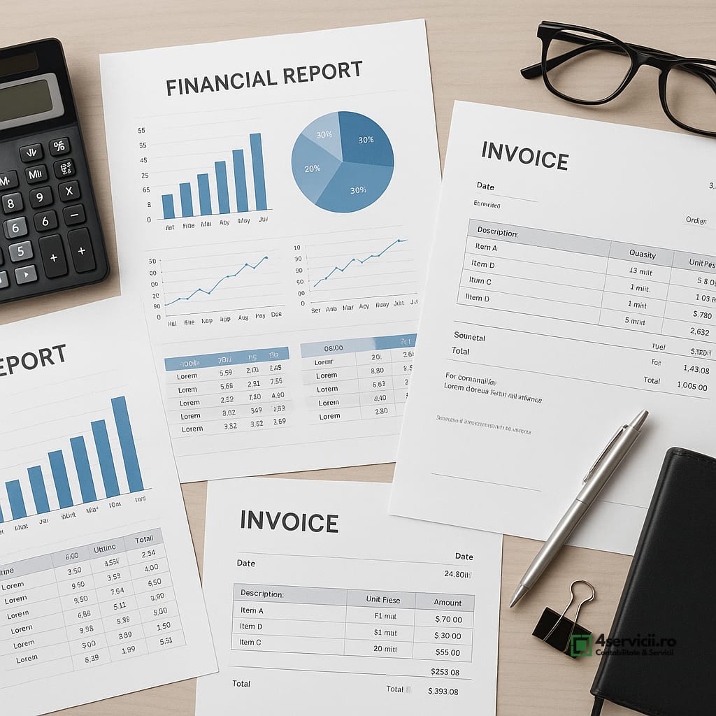 Documente financiare, facturi și rapoarte analizate pe birou, vedere de sus, atmosferă de control costuri