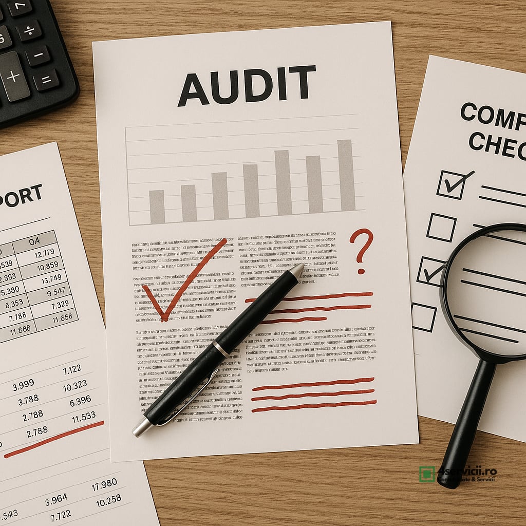 Birou cu documente fiscale verificate, checklist de conformitate și hârtii de inspecție fiscală