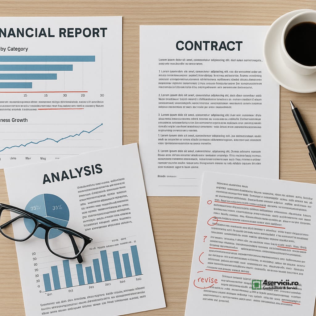 Birou cu documente financiare, contracte și rapoarte analizate pentru due diligence