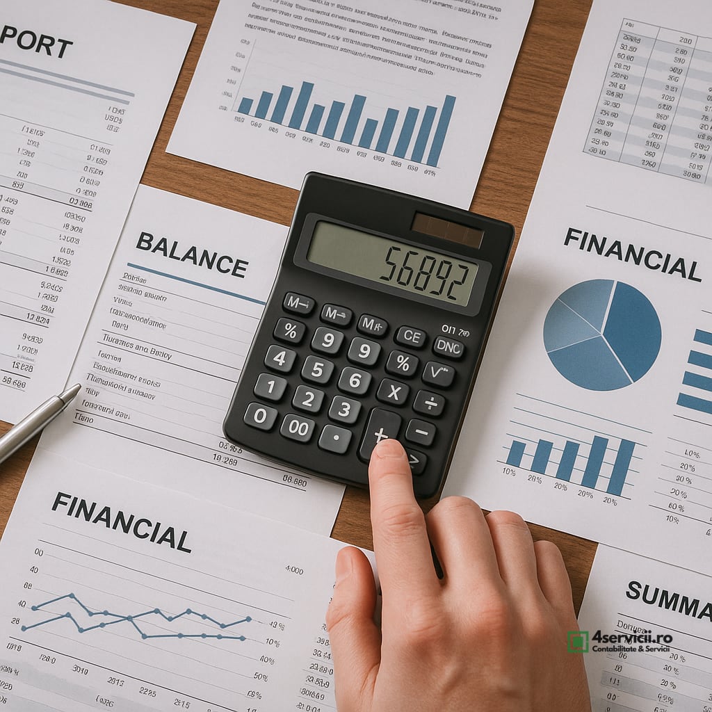 Birou de contabilitate cu documente financiare, balanțe, rapoarte tipărite și calculator