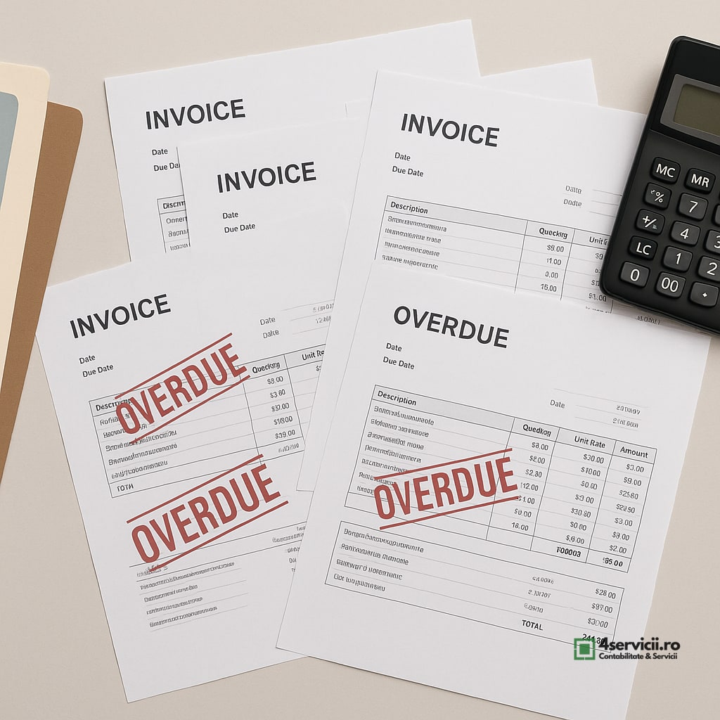 Facturi restante, dosare organizate și calculator pe birou, evidență financiară clară