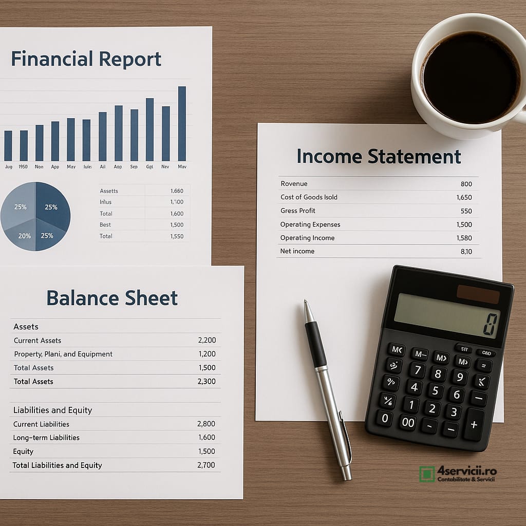 Birou de administrator cu rapoarte financiare lunare, balanță, calculator și documente organizate