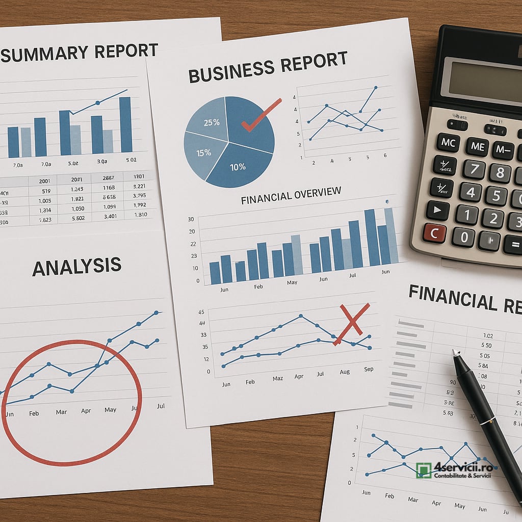 Documente financiare tipărite, calculator și pix pe birou, evidențiind analiza raportării