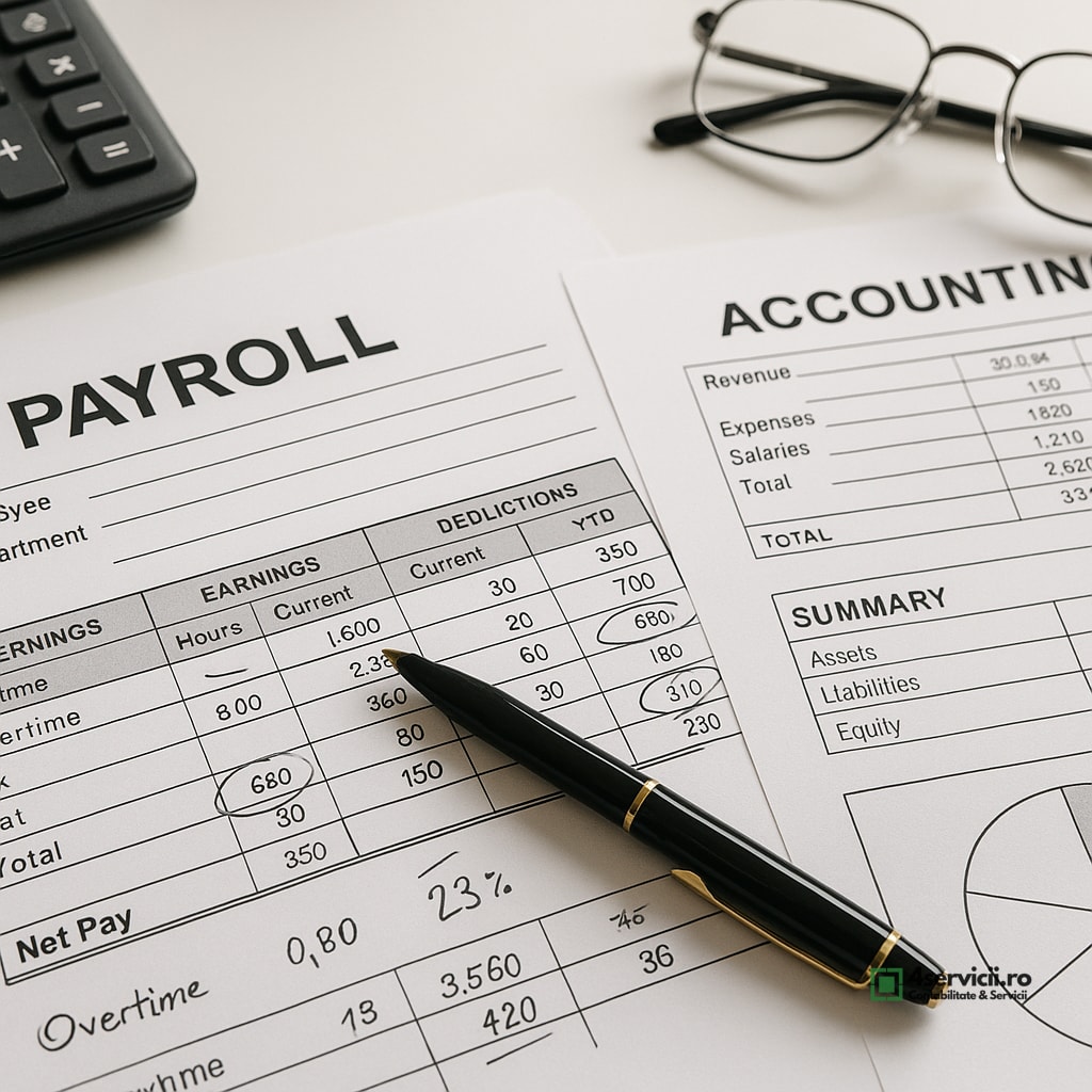 Documente de payroll și evidență contabilă pe birou, analizate pentru identificarea diferențelor