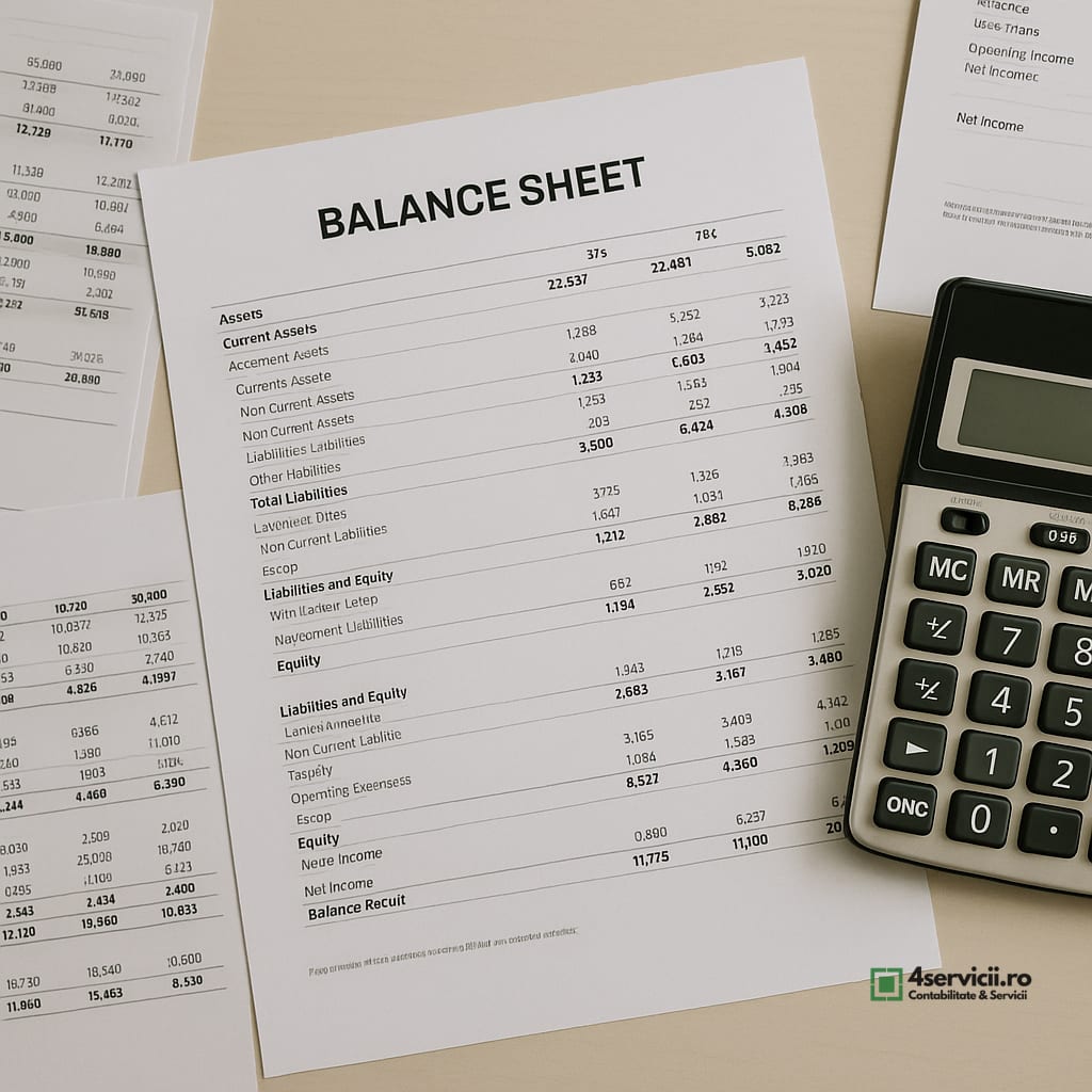 Balanță de verificare și documente financiare pe birou, calculator și hârtii analizate