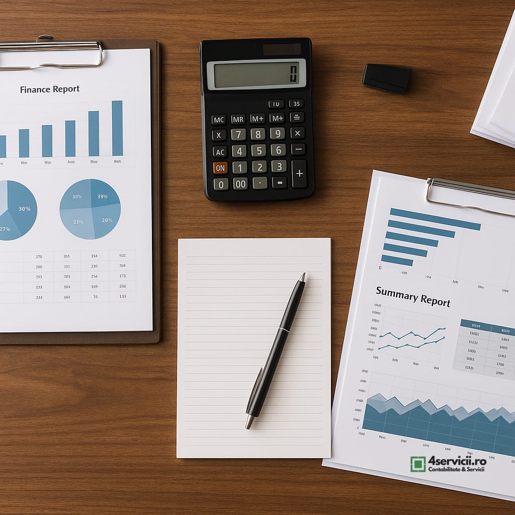 Birou executiv cu rapoarte financiare, calculator și documente analizate, vedere de sus, atmosferă de control financiar.