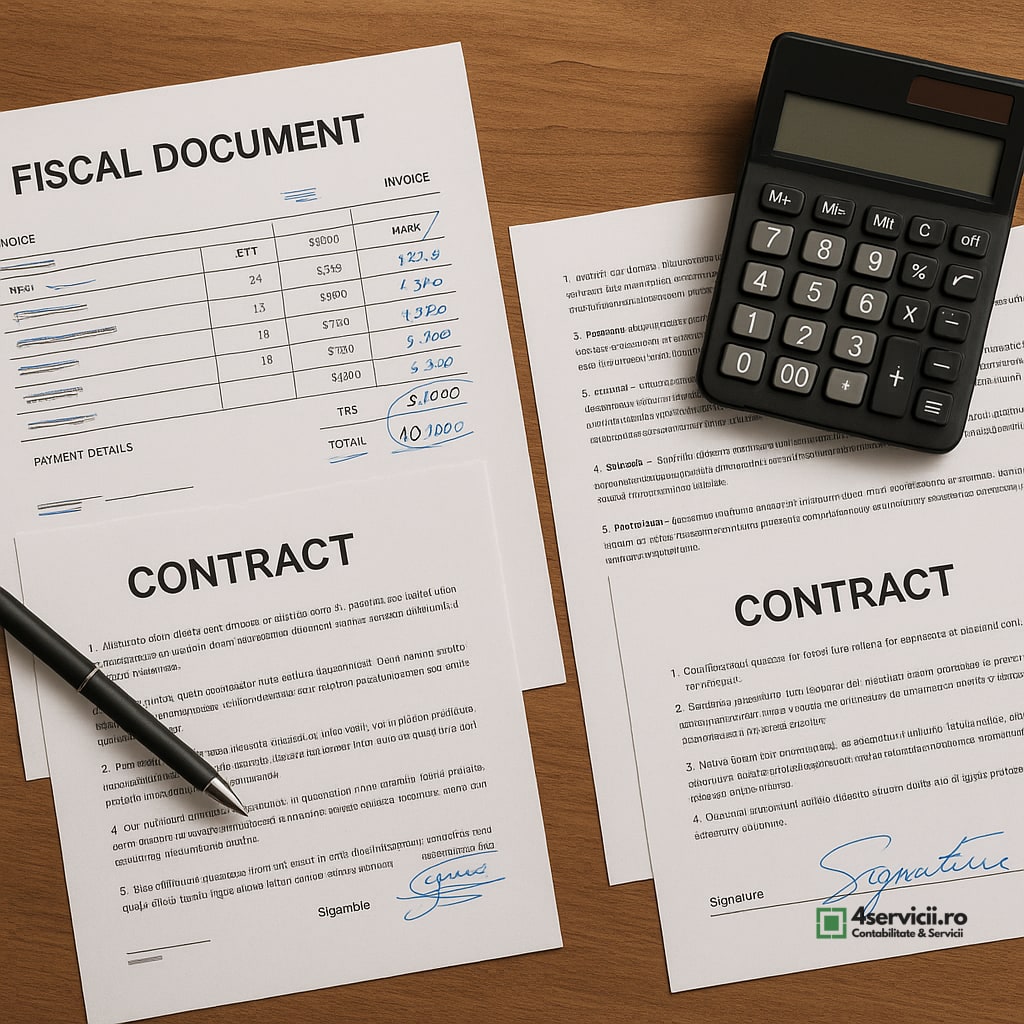 Birou cu documente fiscale, contracte tipărite și calculator, privire de sus, atmosferă de analiză fiscală