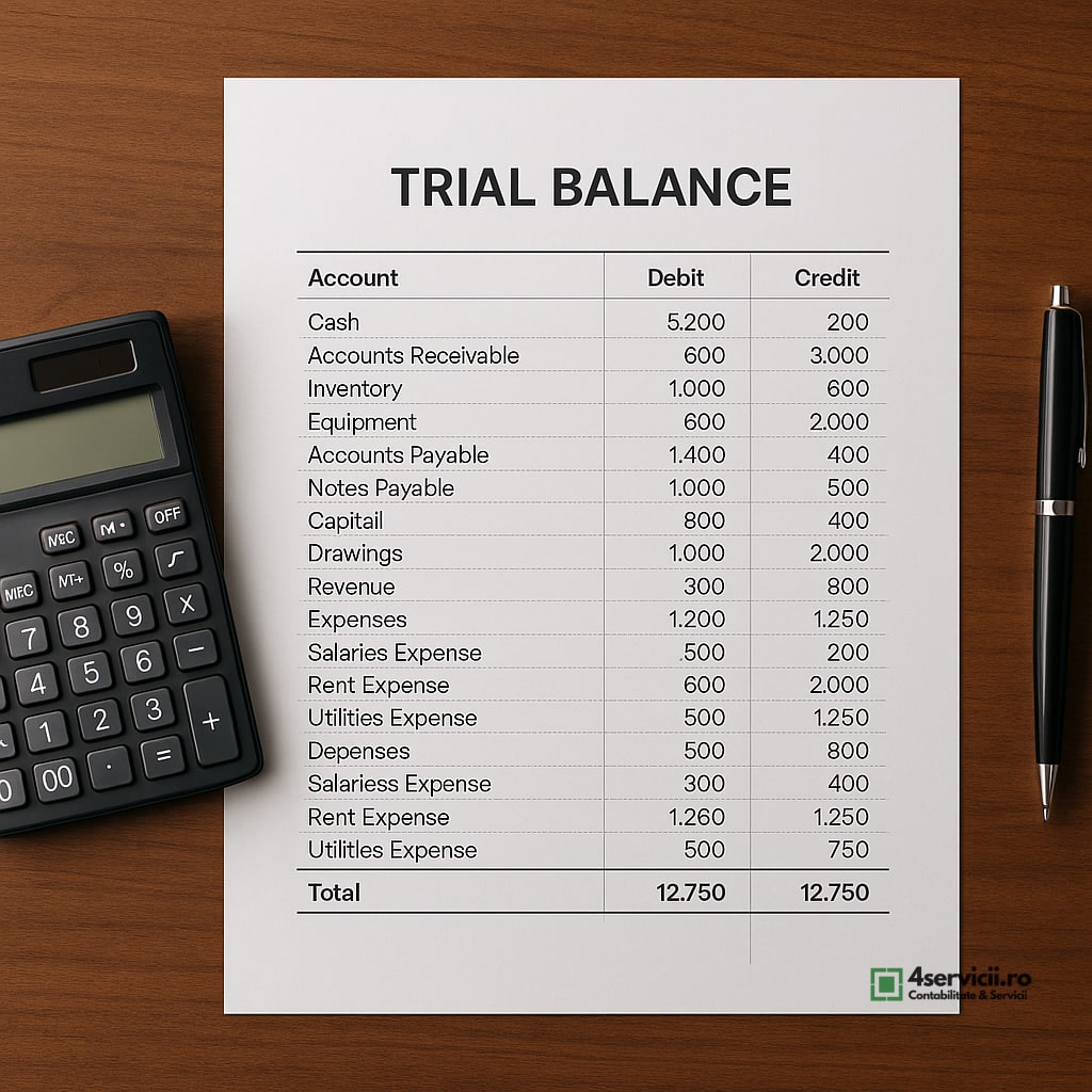 Birou cu balanță de verificare tipărită, calculator și pix, vedere de sus, atmosferă de analiză financiară