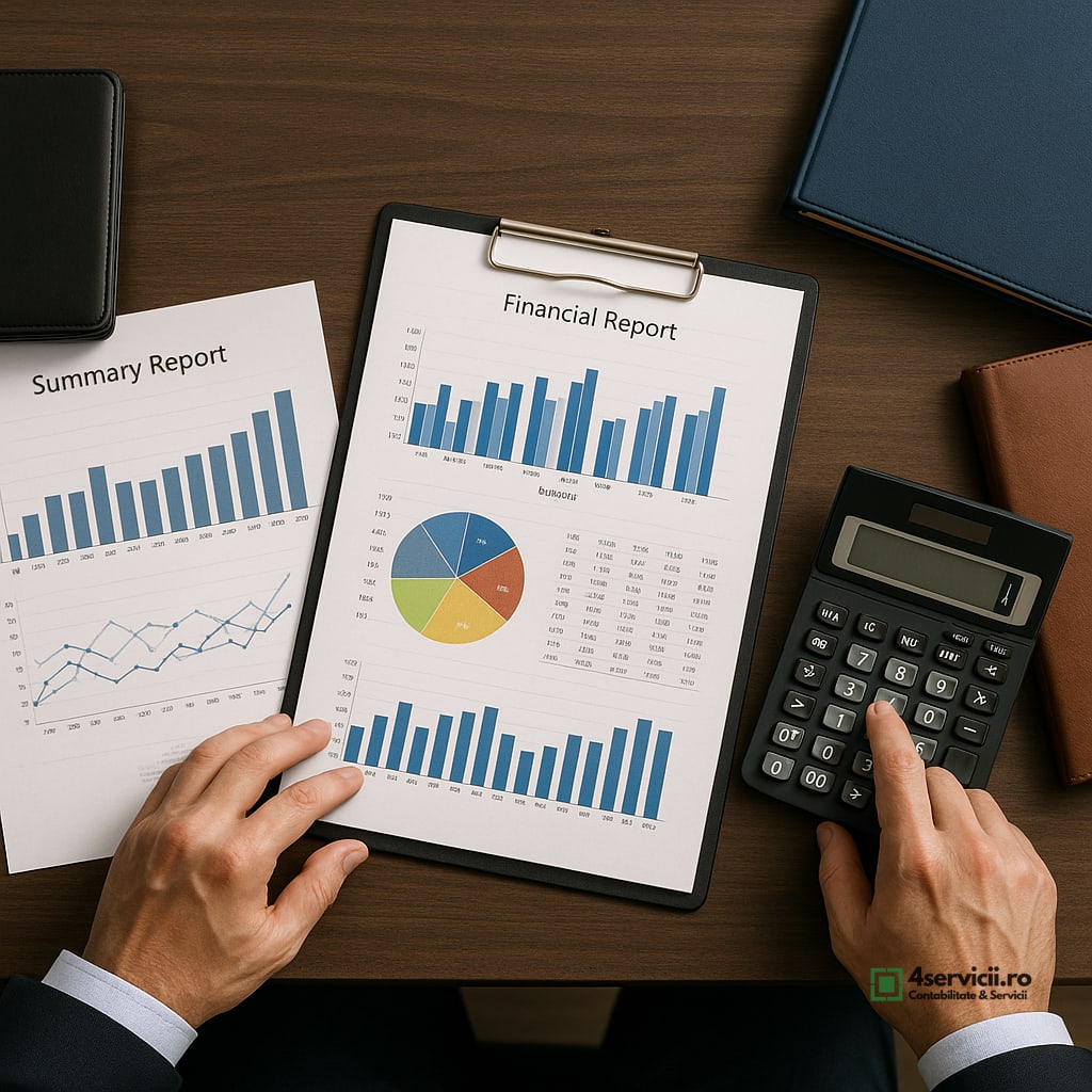 Birou cu rapoarte financiare, calculator și dosare, văzut de sus, fără fețe vizibile