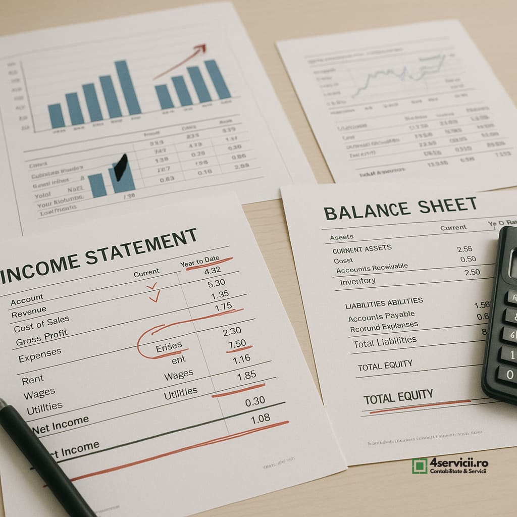 Documente contabile și rapoarte financiar-contabile verificate pe un birou organizat, calculator alături