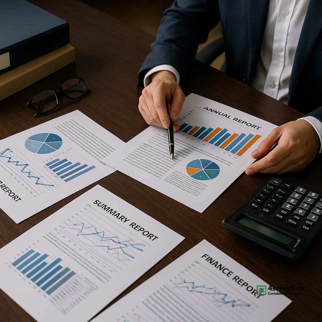 Birou de manager cu documente financiare ordonate, rapoarte și calculator, fără fețe vizibile
